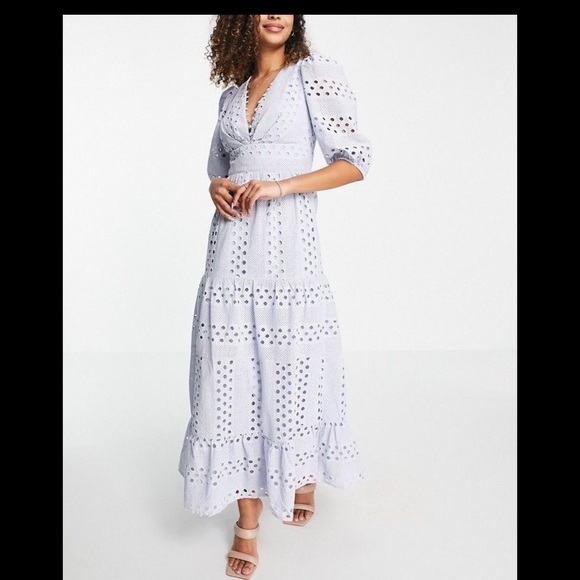 ASOS DESIGN PREMIUM PLUNGE BRODERIE TIERED MIDI DRESS WITH BUTTON NECK WITH - Picture 3 of 12